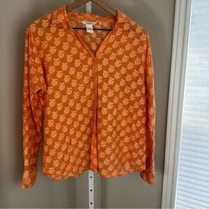 Sundance‎ Orange Blouse with White Leaf Pattern Cotton and Silk Size Medium
